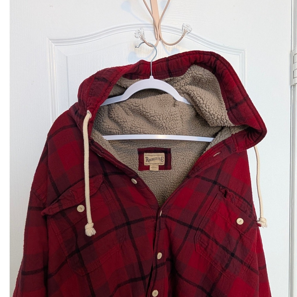 Roebuck & Co XXL Hunting Jacket Red Plaid Flannel Sherpa Lined Hooded Mens